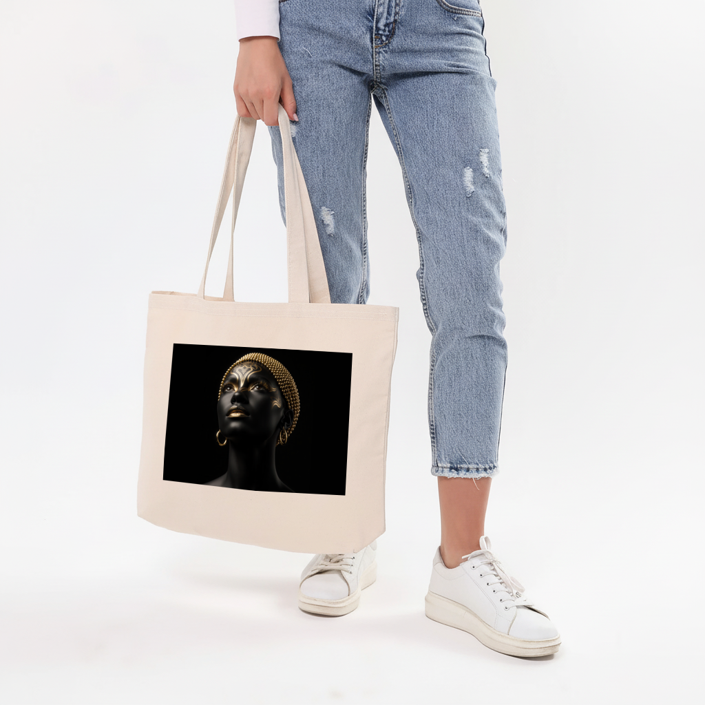 Siyah Altın Afrofütürist Kadın Yatay Canvas Çanta