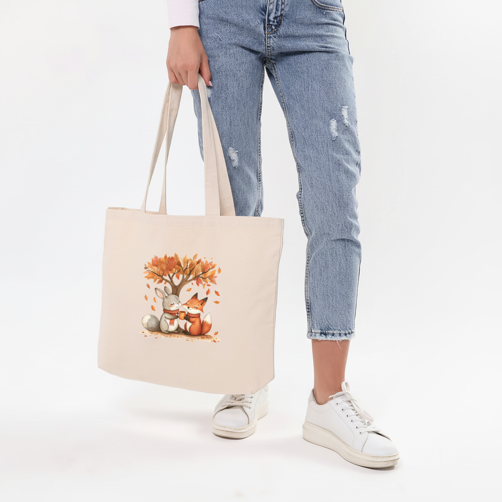 Cozy Autumn Fox and Rabbit Horizontal Canvas Tote Bag