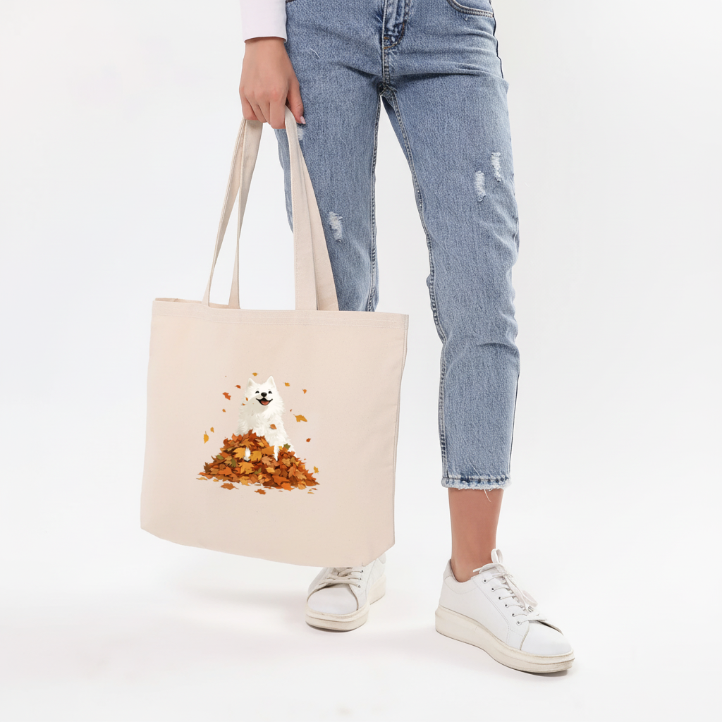 Happy White Dog in Autumn Leaves Horizontal Canvas Tote Bag