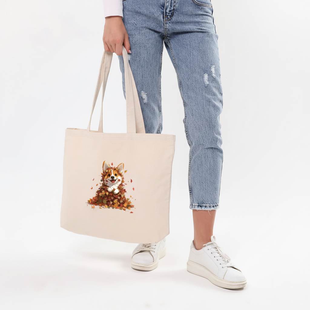 Happy Corgi Puppy in Fall Leaves Horizontal Canvas Tote Bag