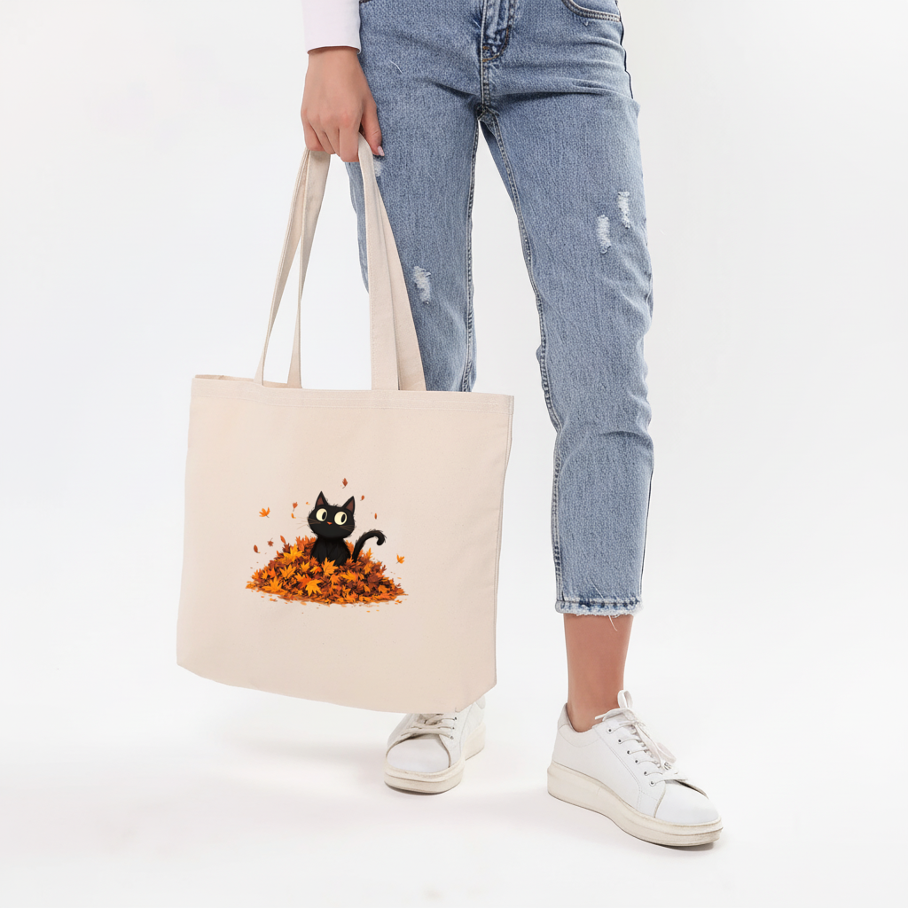 Cute Black Cat in Autumn Leaves Horizontal Canvas Tote Bag