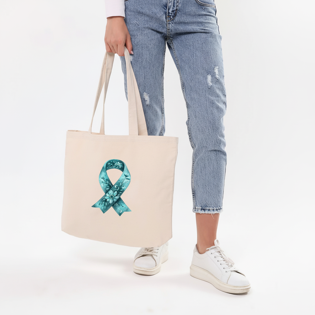 Floral Teal Awareness Ribbon Horizontal Canvas Tote Bag
