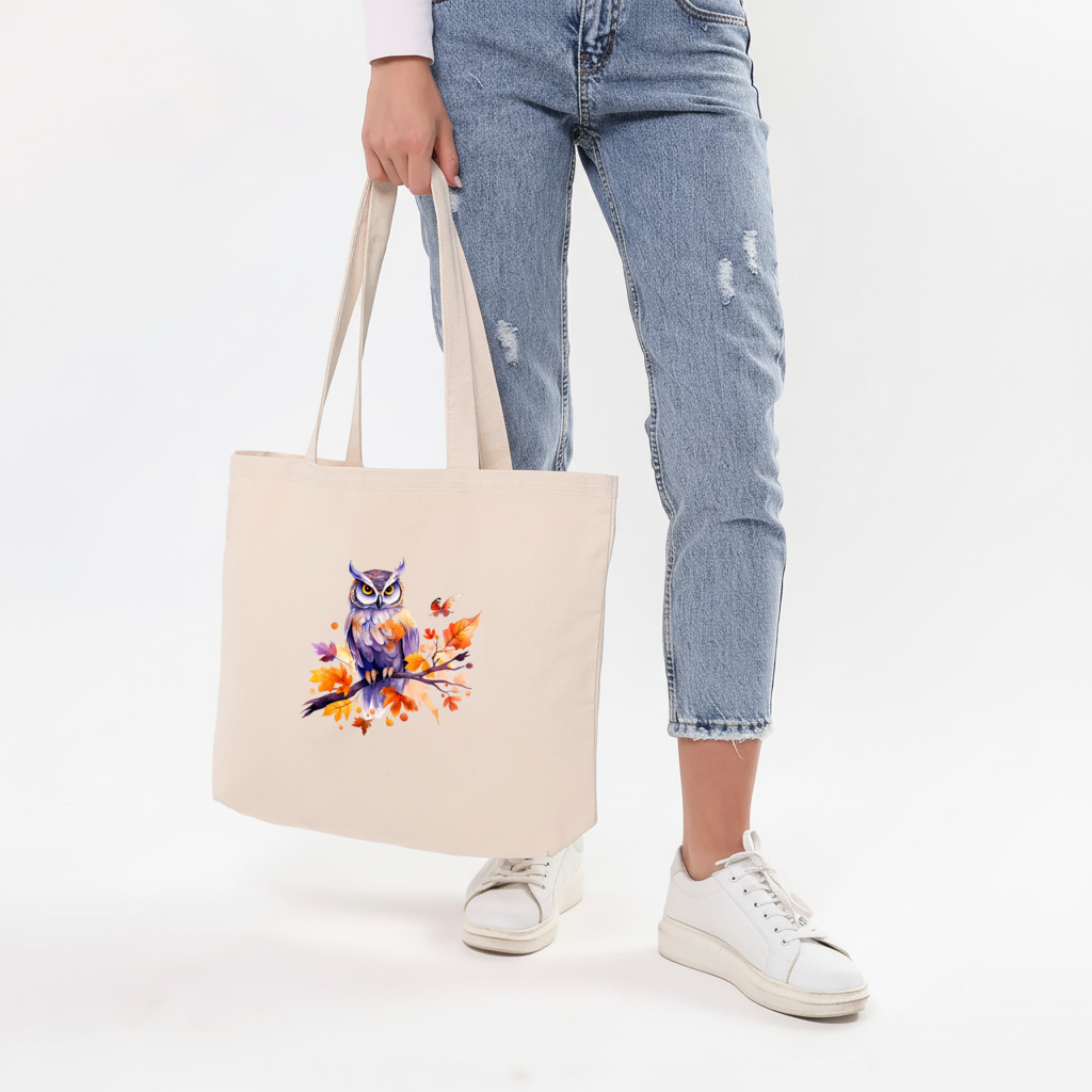Suluboya Sonbahar Baykuşu ve Kelebek Yatay Canvas Çanta