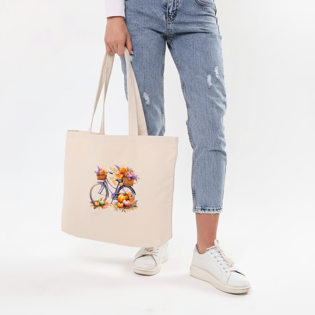 Balkabaklı ve Ayçiçekli Sonbahar Bisikleti Yatay Canvas Çanta