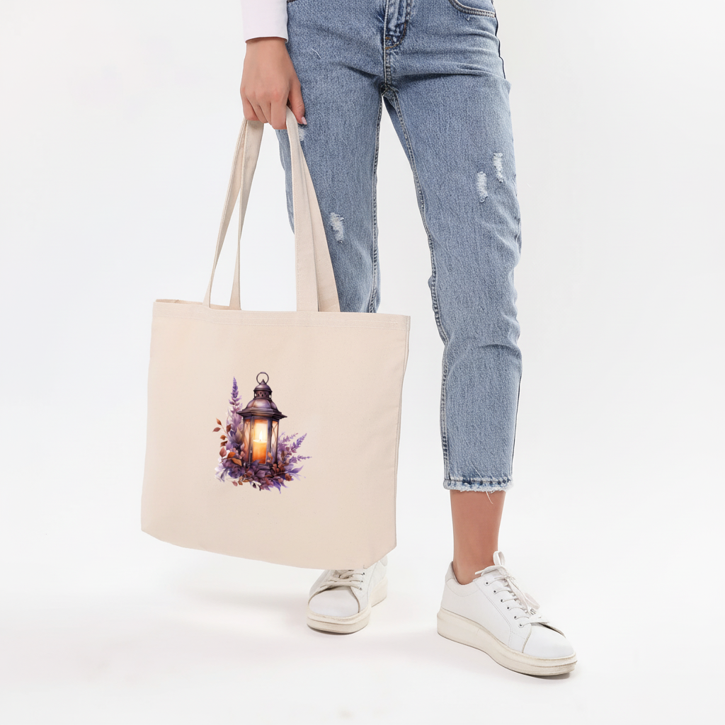 Lavanta ve Güz Yapraklı Antika Fener Yatay Canvas Çanta