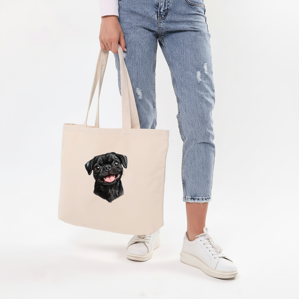 Happy Black Pug Face Horizontal Canvas Tote Bag