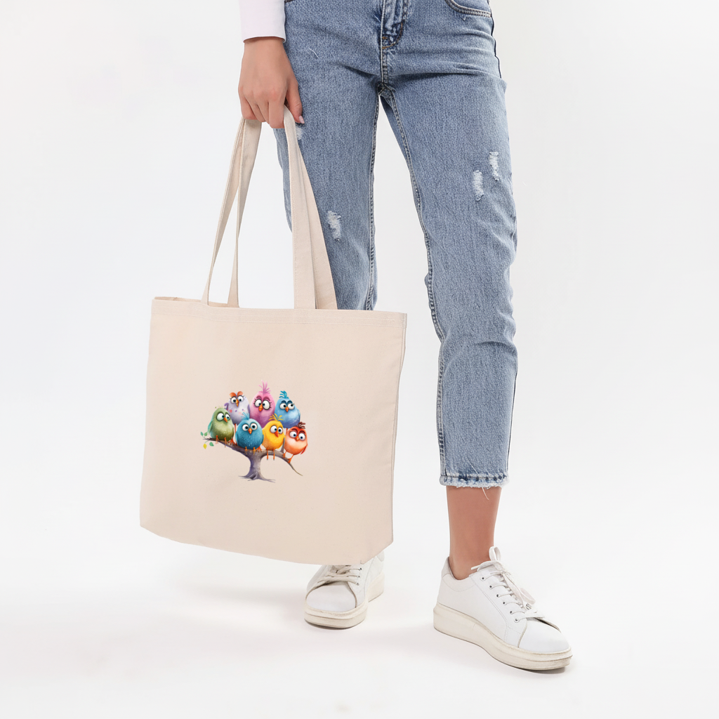 Whimsical Colorful Birds on Branch Horizontal Canvas Tote Bag