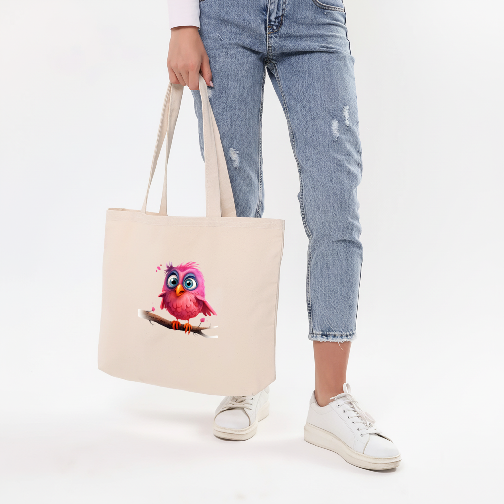 Cute Pink Bird with Large Blue Eyes Horizontal Canvas Tote Bag