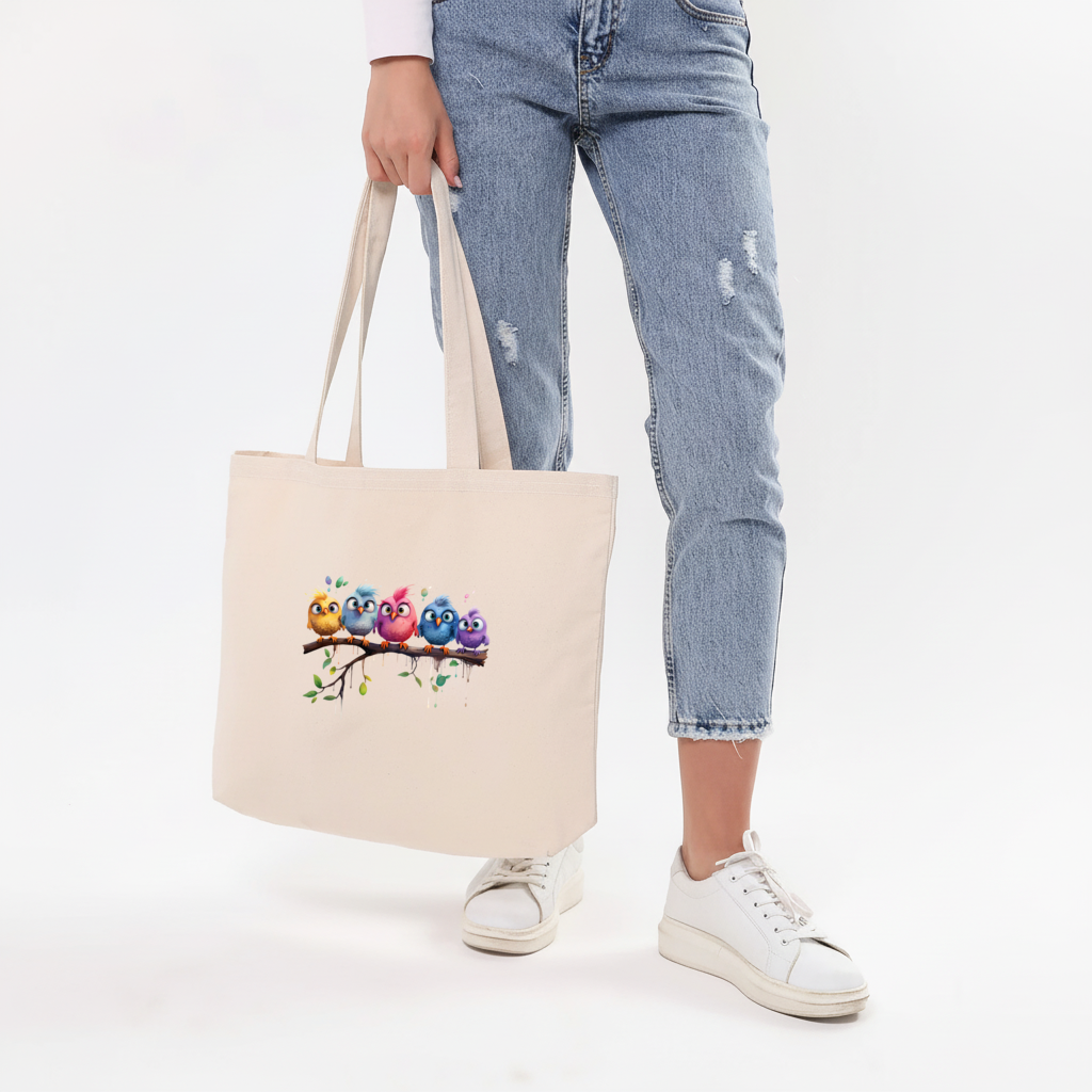 Five Colorful Kawaii Birds on Branch Horizontal Canvas Tote Bag