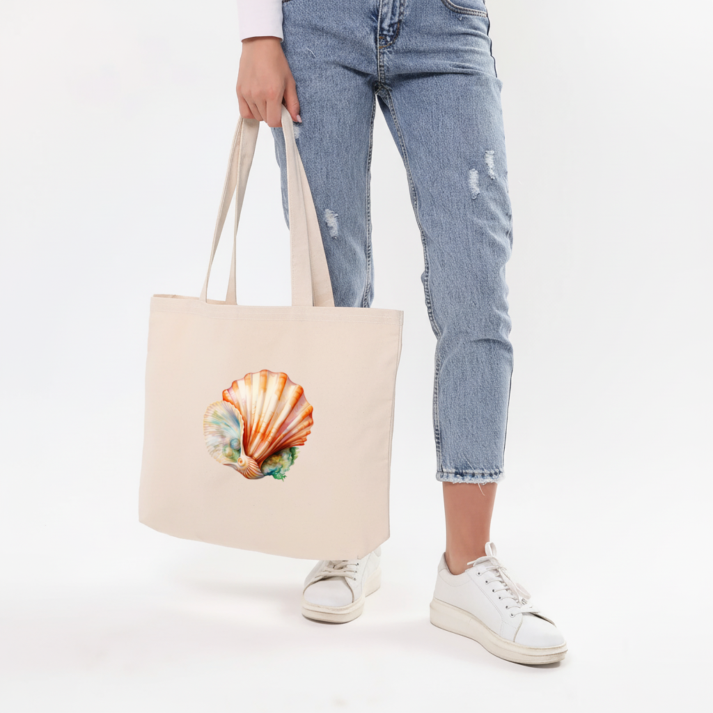 Iridescent Pearls in Orange Scallop Seashell Horizontal Canvas Tote Bag