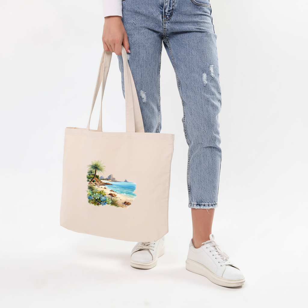 Turkuaz Deniz ve Tropikal Palmiye Yatay Canvas Çanta