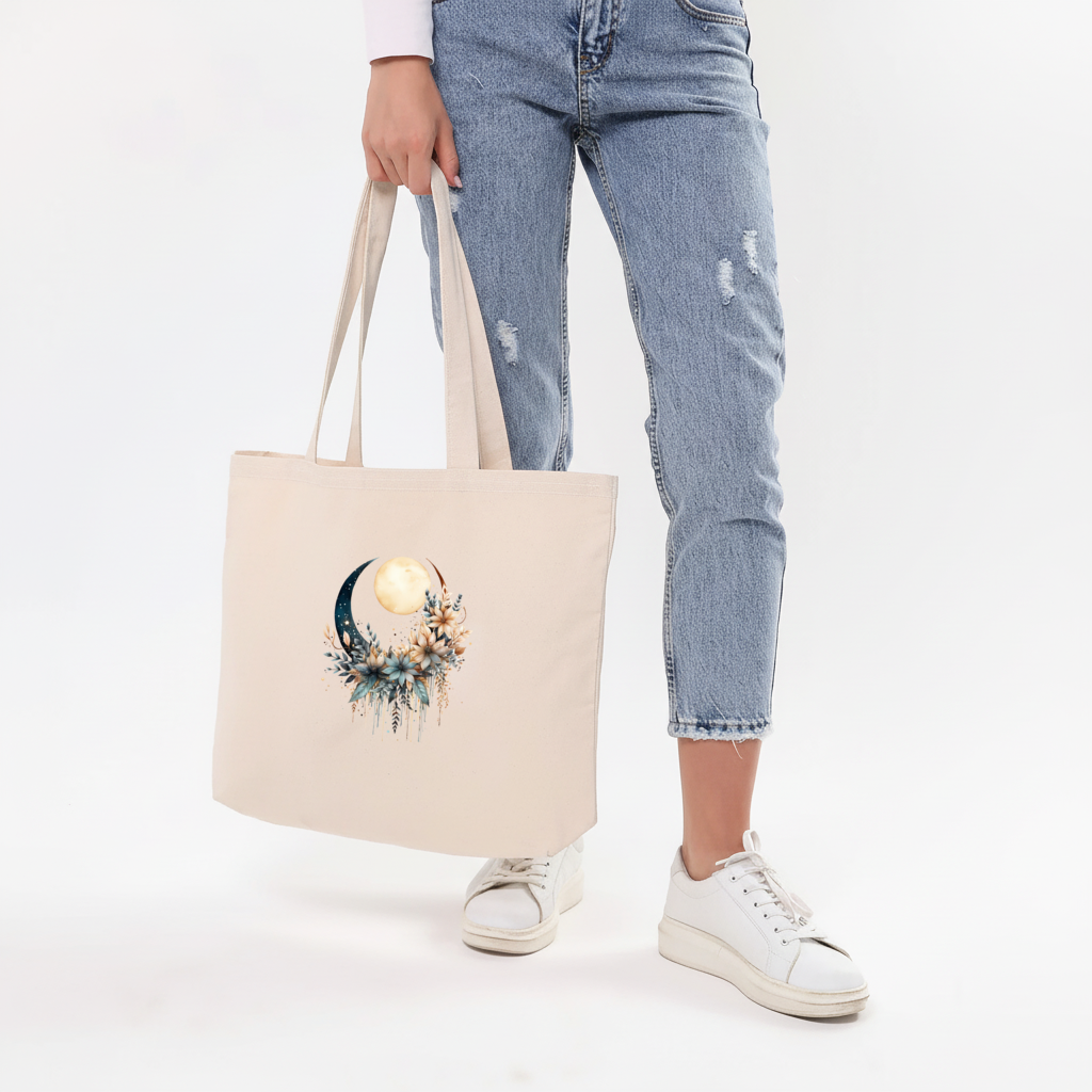 Celestial Boho Moon Floral Horizontal Canvas Tote Bag