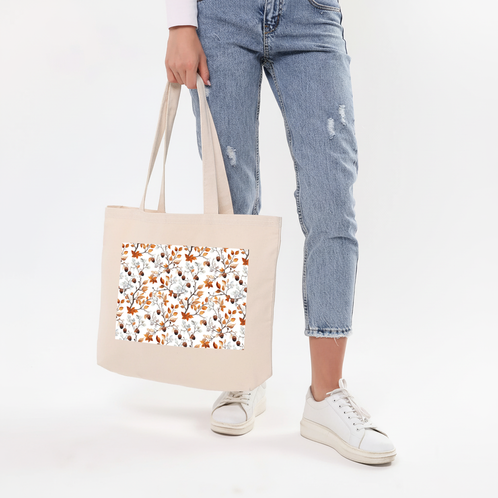 Watercolor Fall Acorns and Leaves Horizontal Canvas Tote Bag