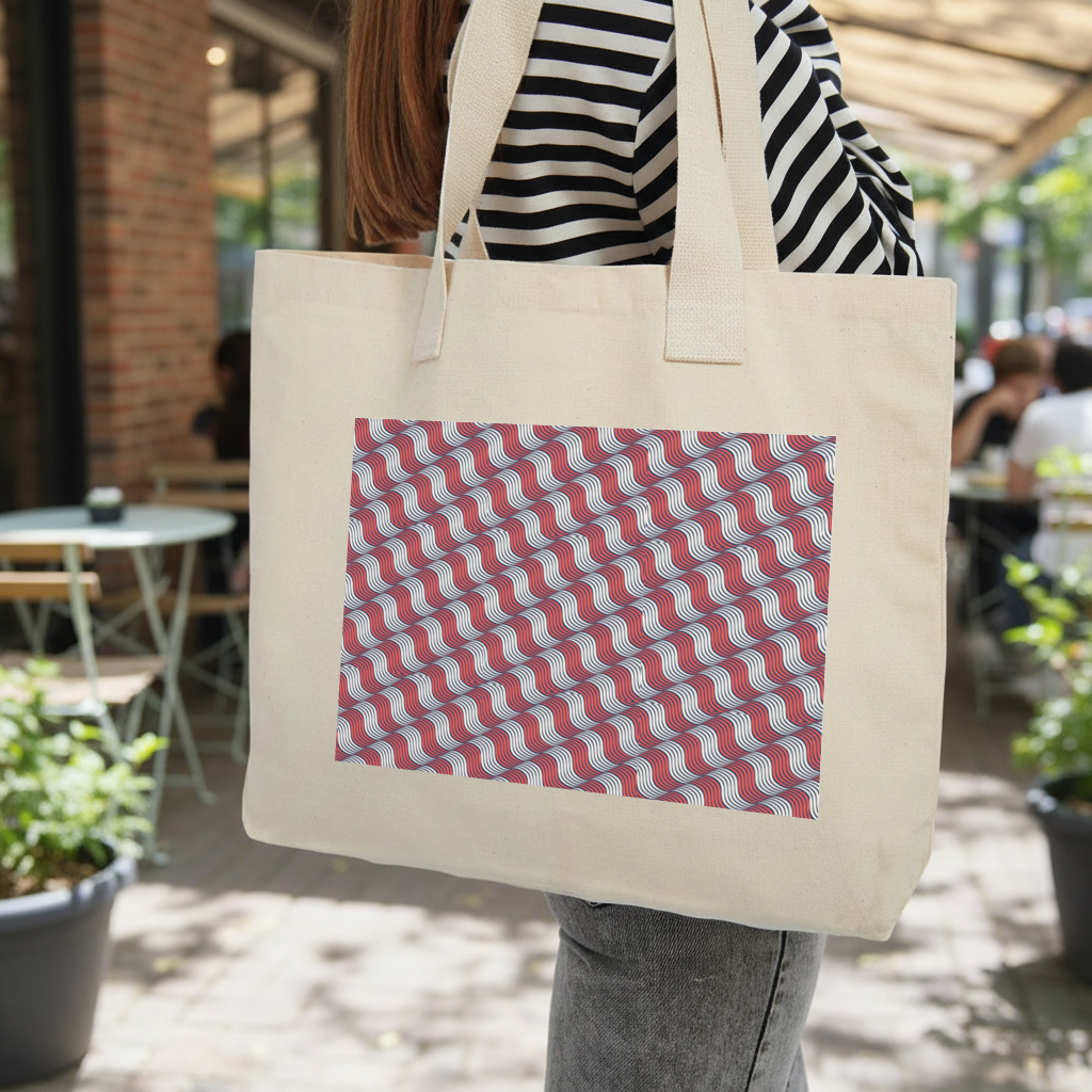 Red and Navy Wavy Line Pattern Inner Pocket Tote with Webbing Handle