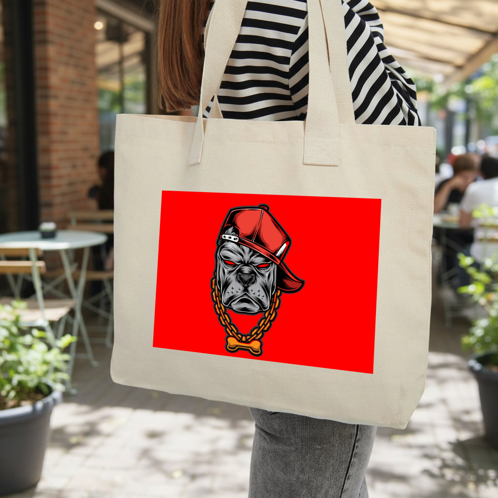 Hip Hop Style Gangster Dog Illustration Inner Pocket Tote with Webbing Handle