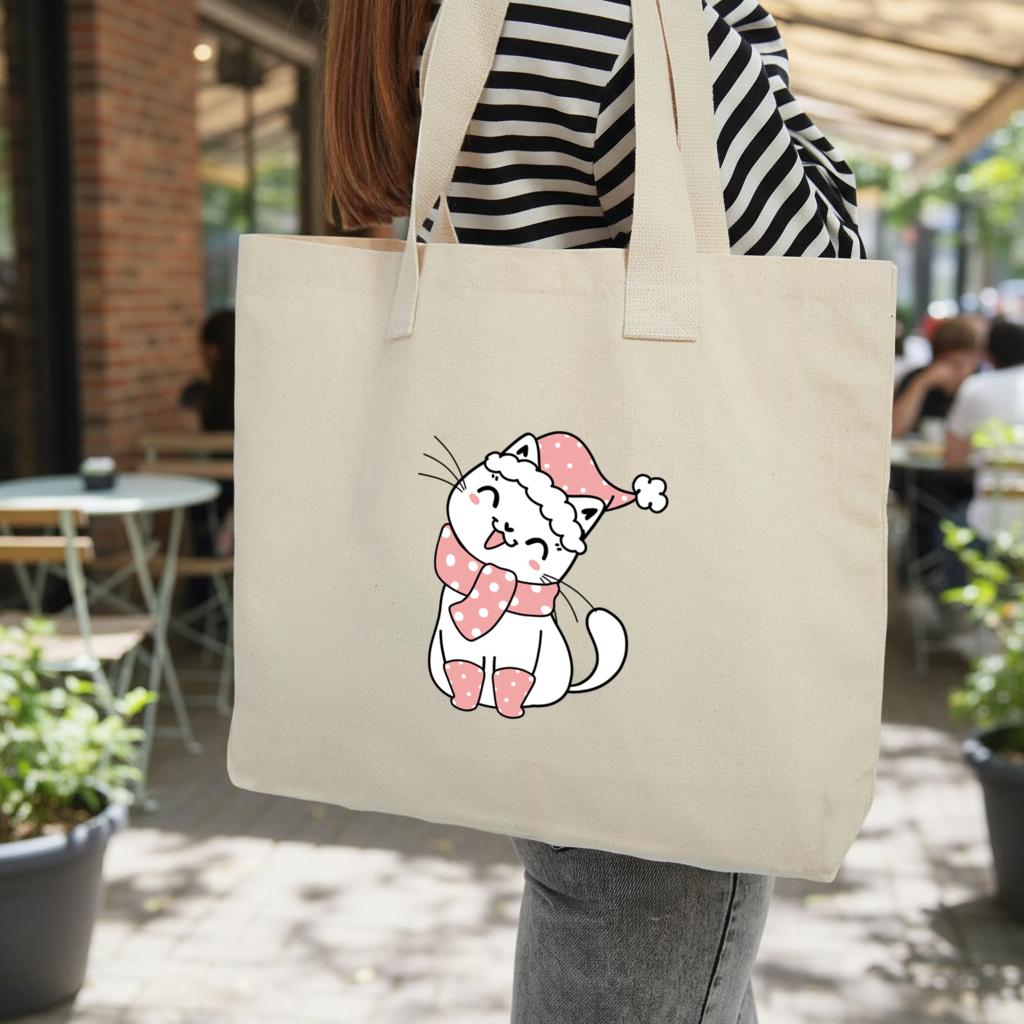 Cute Christmas Cat with Pink Polka Dot Outfit Inner Pocket Tote with Webbing Handle
