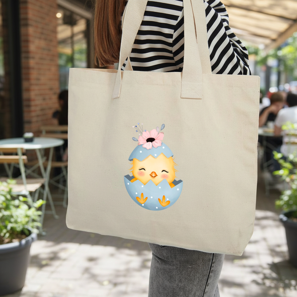 Cute Chick in Egg with Floral Hat Inner Pocket Tote with Webbing Handle
