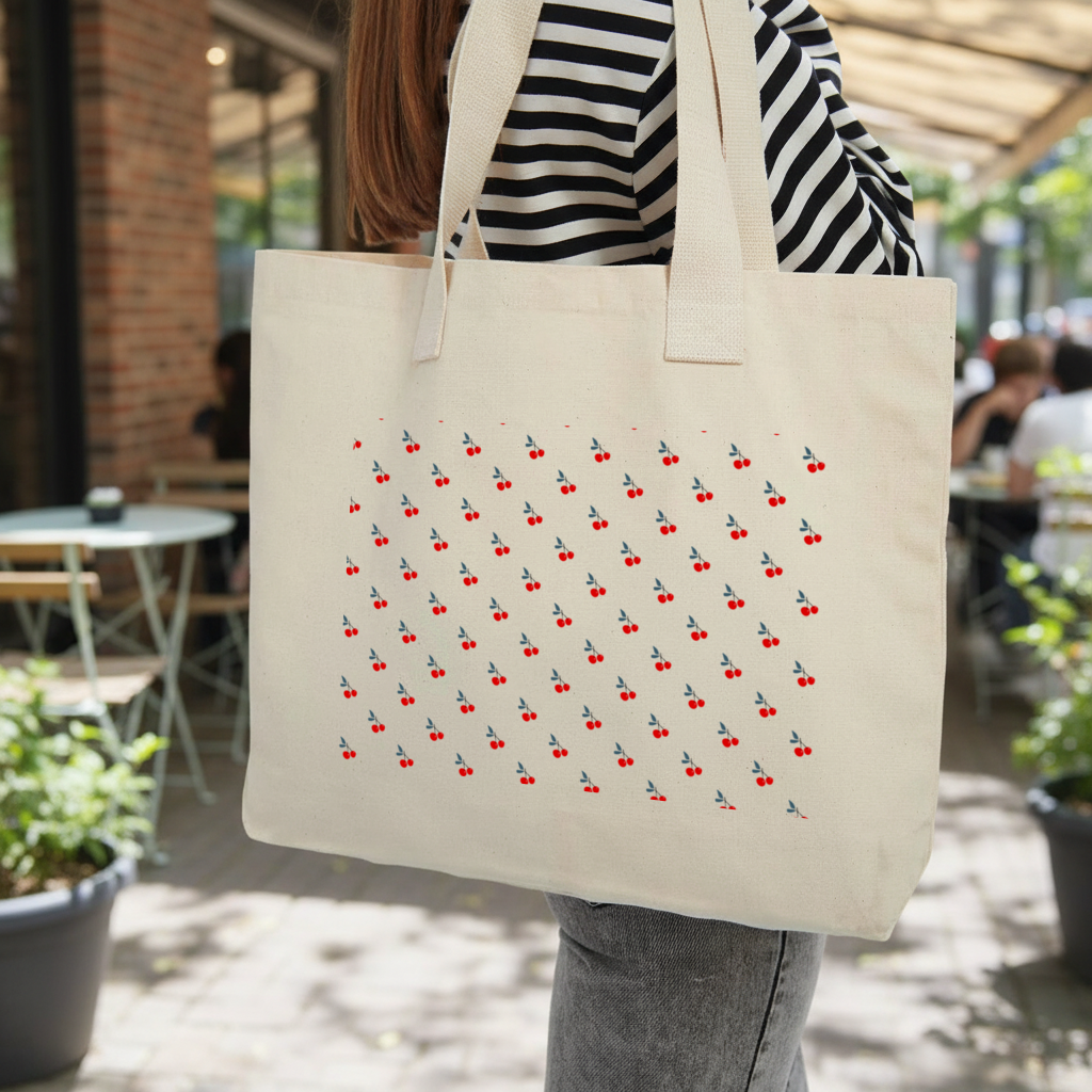 Minimal Cherry Repeat Pattern Background Inner Pocket Tote with Webbing Handle