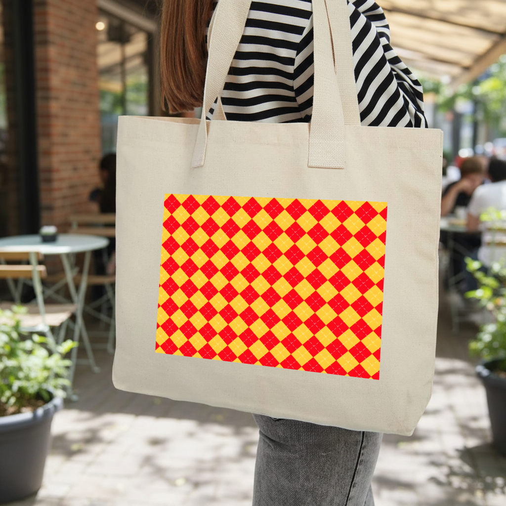 Red and Yellow Argyle Geometric Pattern Background Inner Pocket Tote with Webbing Handle