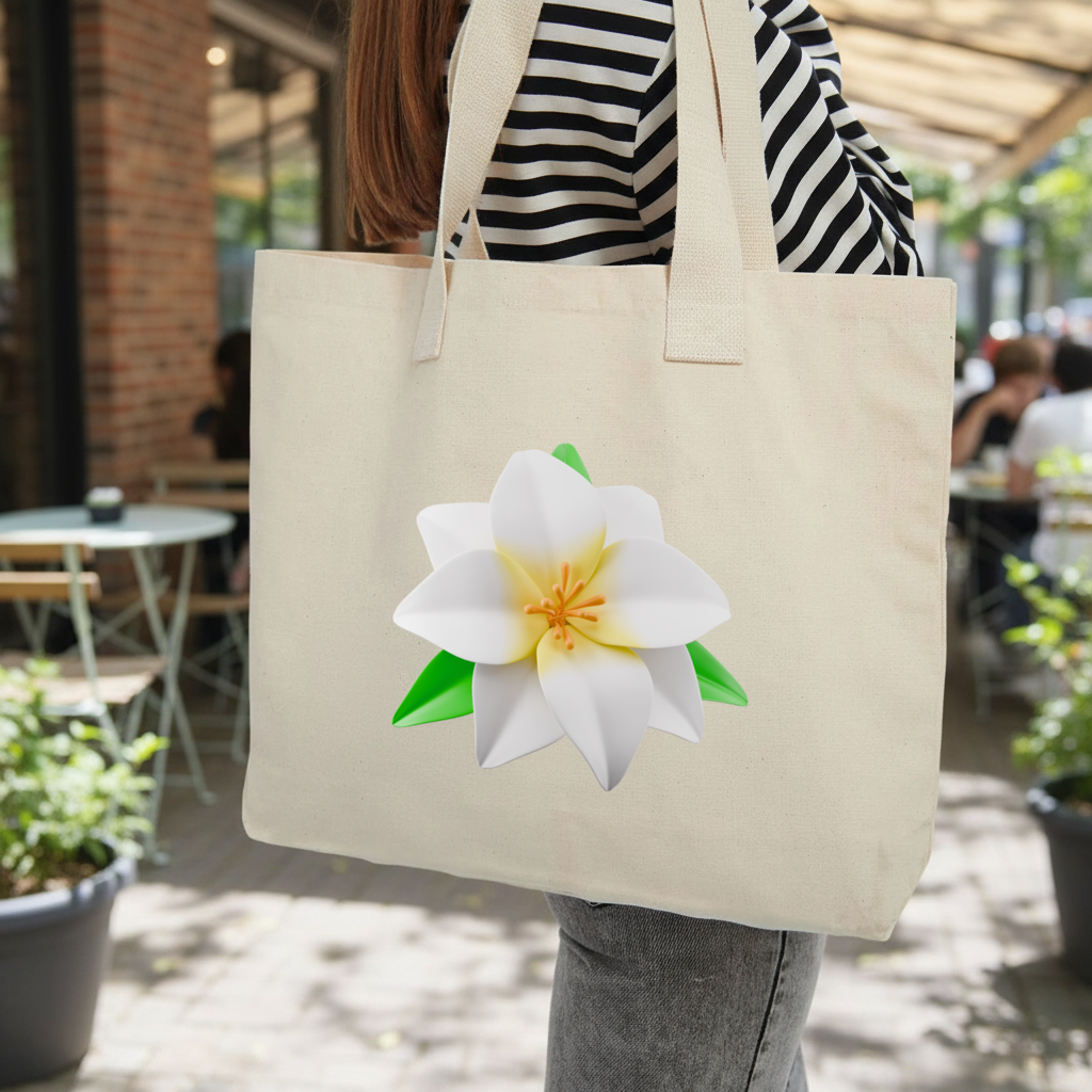 3D White Lily Flower Illustration Inner Pocket Tote with Webbing Handle