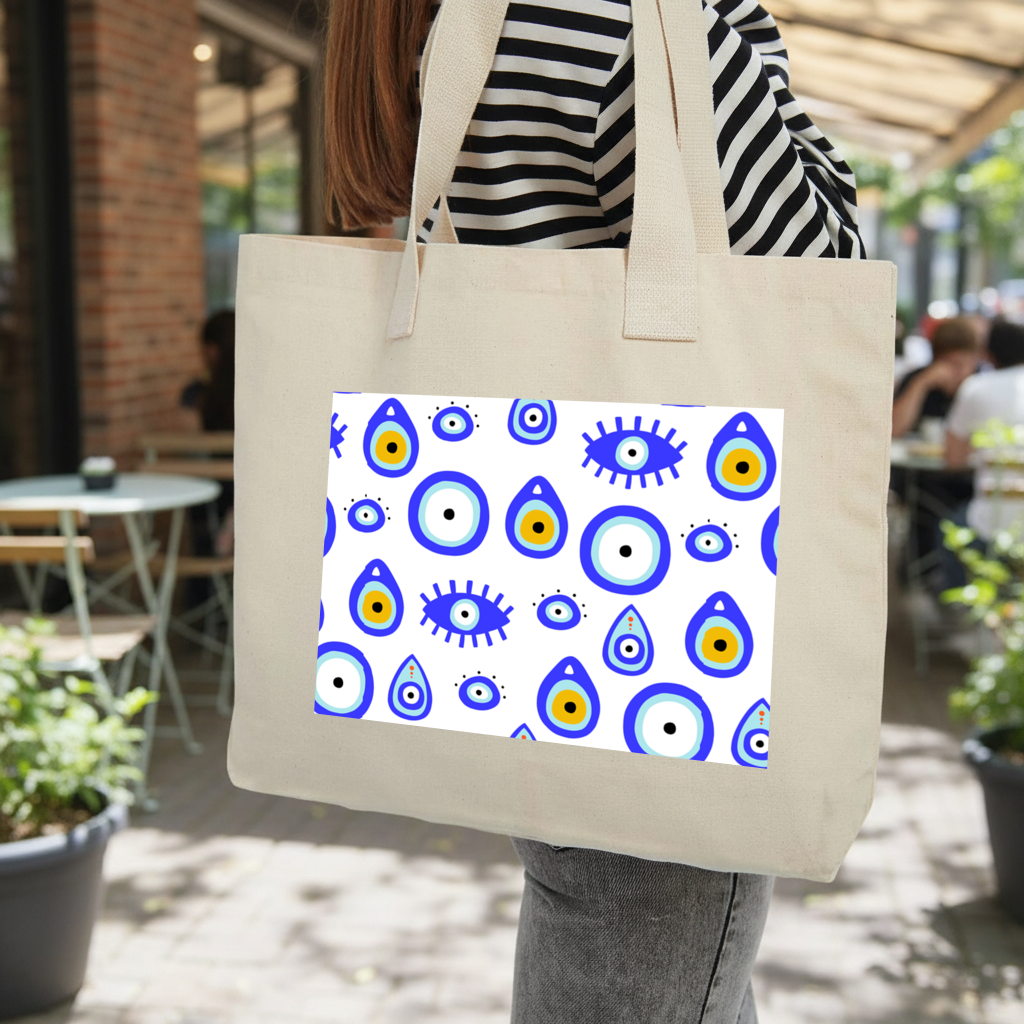 Evil Eye Pattern Inner Pocket Tote with Webbing Handle