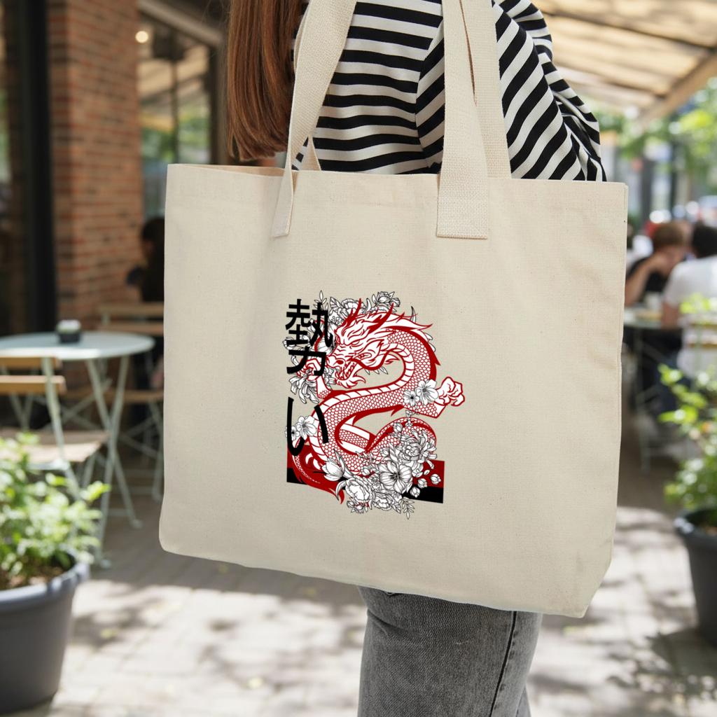 Japanese Dragon with Floral Design Inner Pocket Tote with Webbing Handle