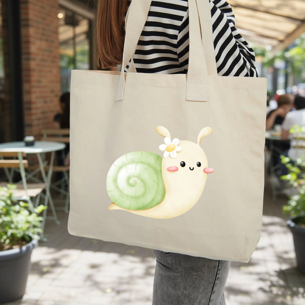 Cute Snail Illustration Inner Pocket Tote with Webbing Handle