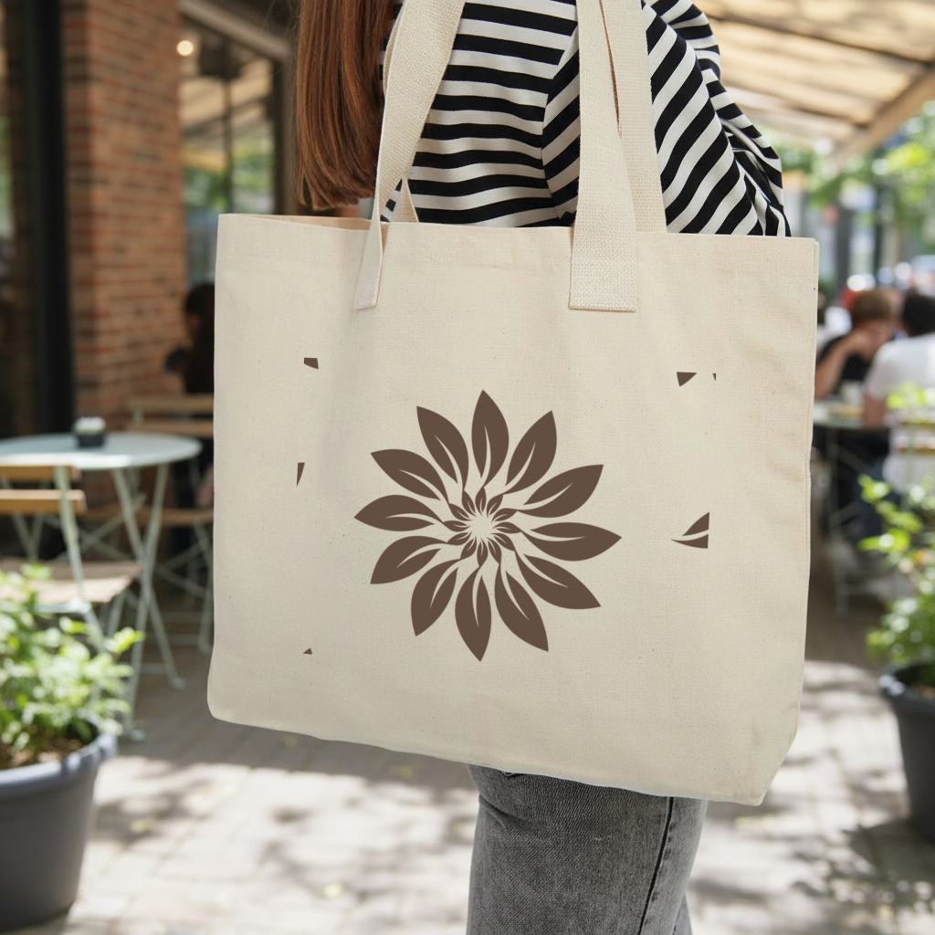Minimalist Modern Brown Floral Pattern Inner Pocket Tote with Webbing Handle