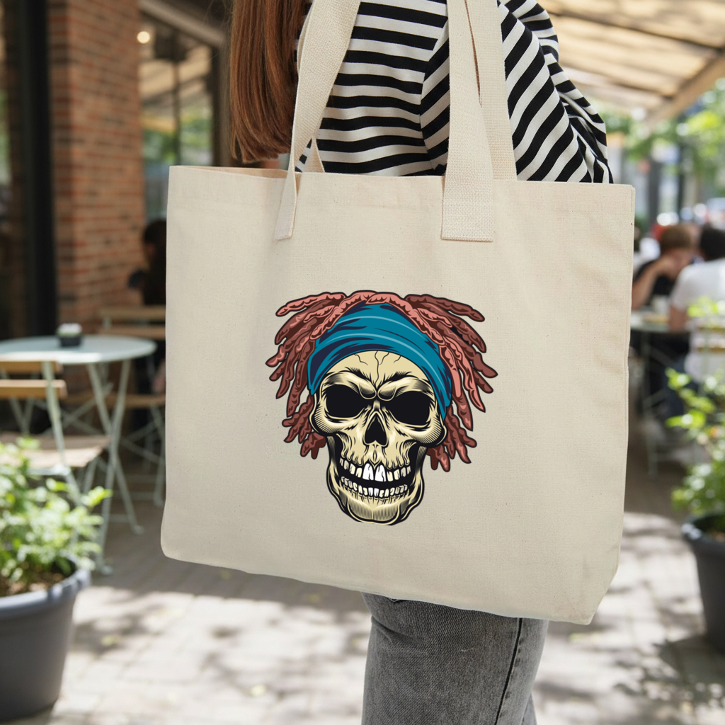 Bandana Dreadlock Skull Inner Pocket Tote with Webbing Handle