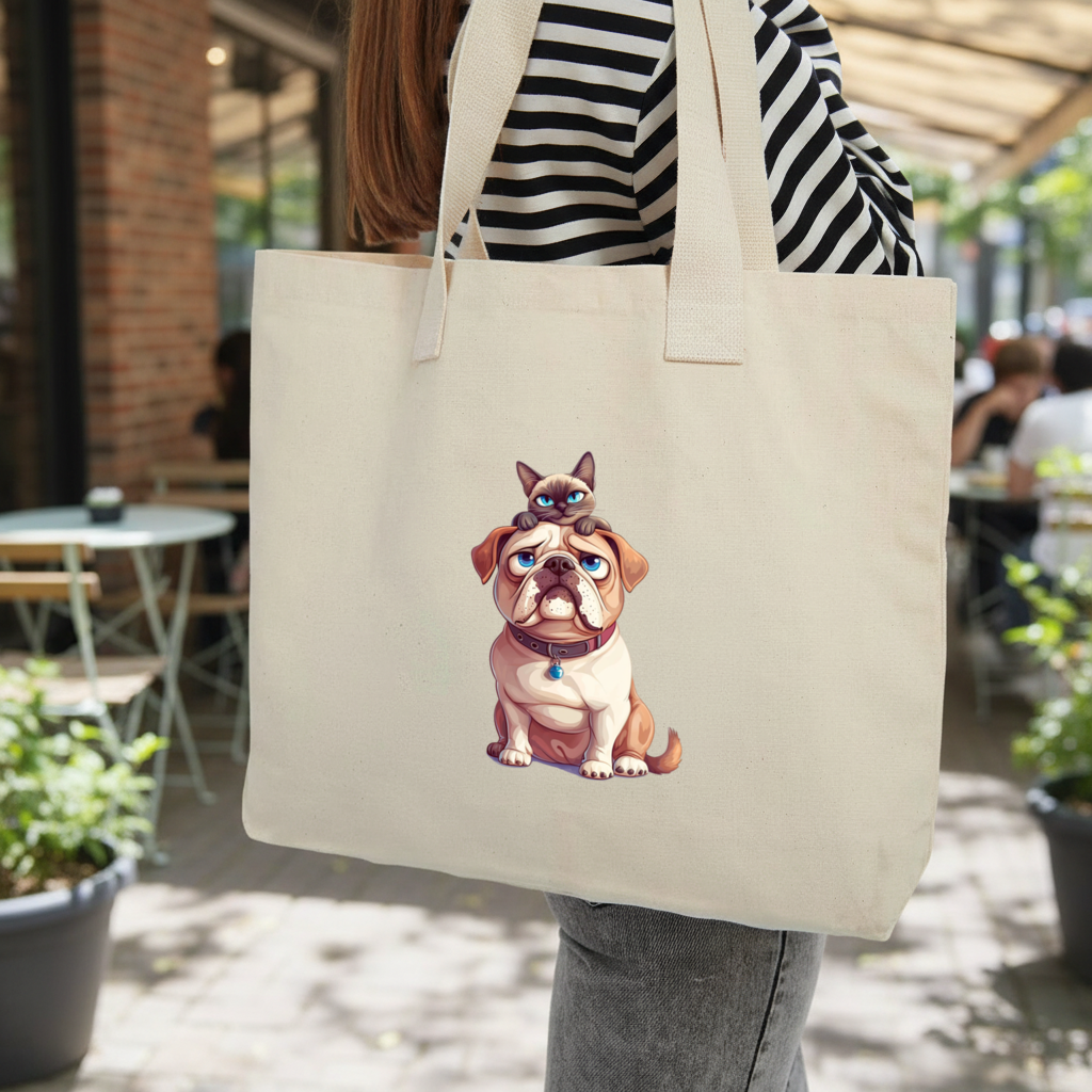Siyam Kedisi ve Üzgün Pug Köpeği Kolon Saplı İç Cepli Çanta