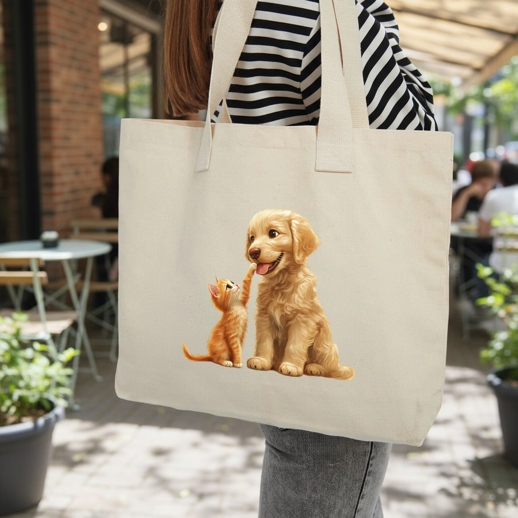 Golden Retriever and Ginger Kitten Inner Pocket Tote with Webbing Handle
