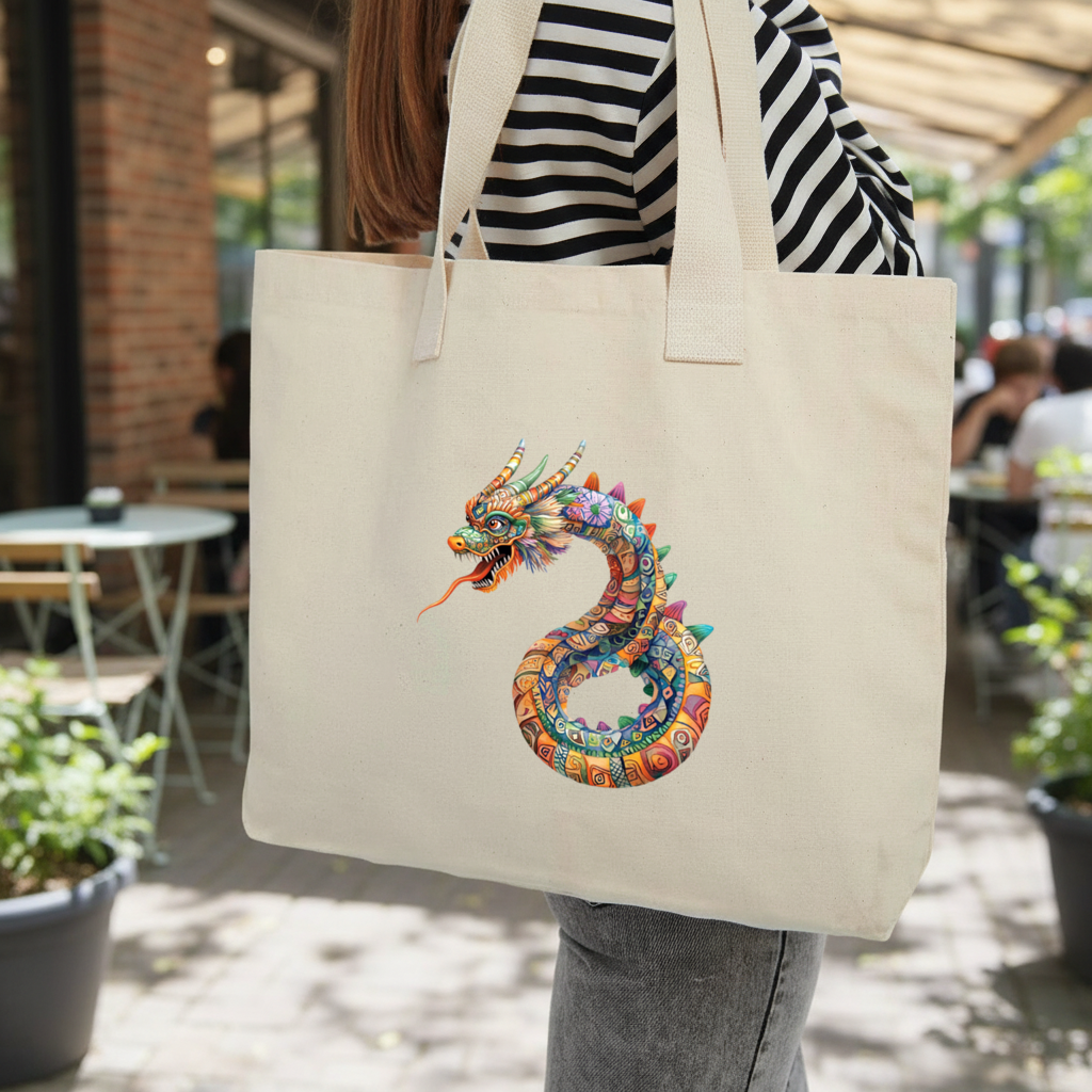 Colorful Mosaic Chinese Dragon Inner Pocket Tote with Webbing Handle