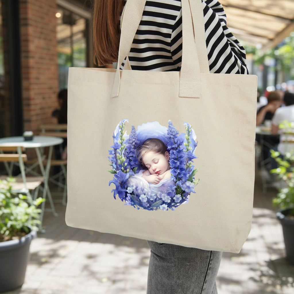 Sleeping Baby Blue Larkspur Inner Pocket Tote with Webbing Handle