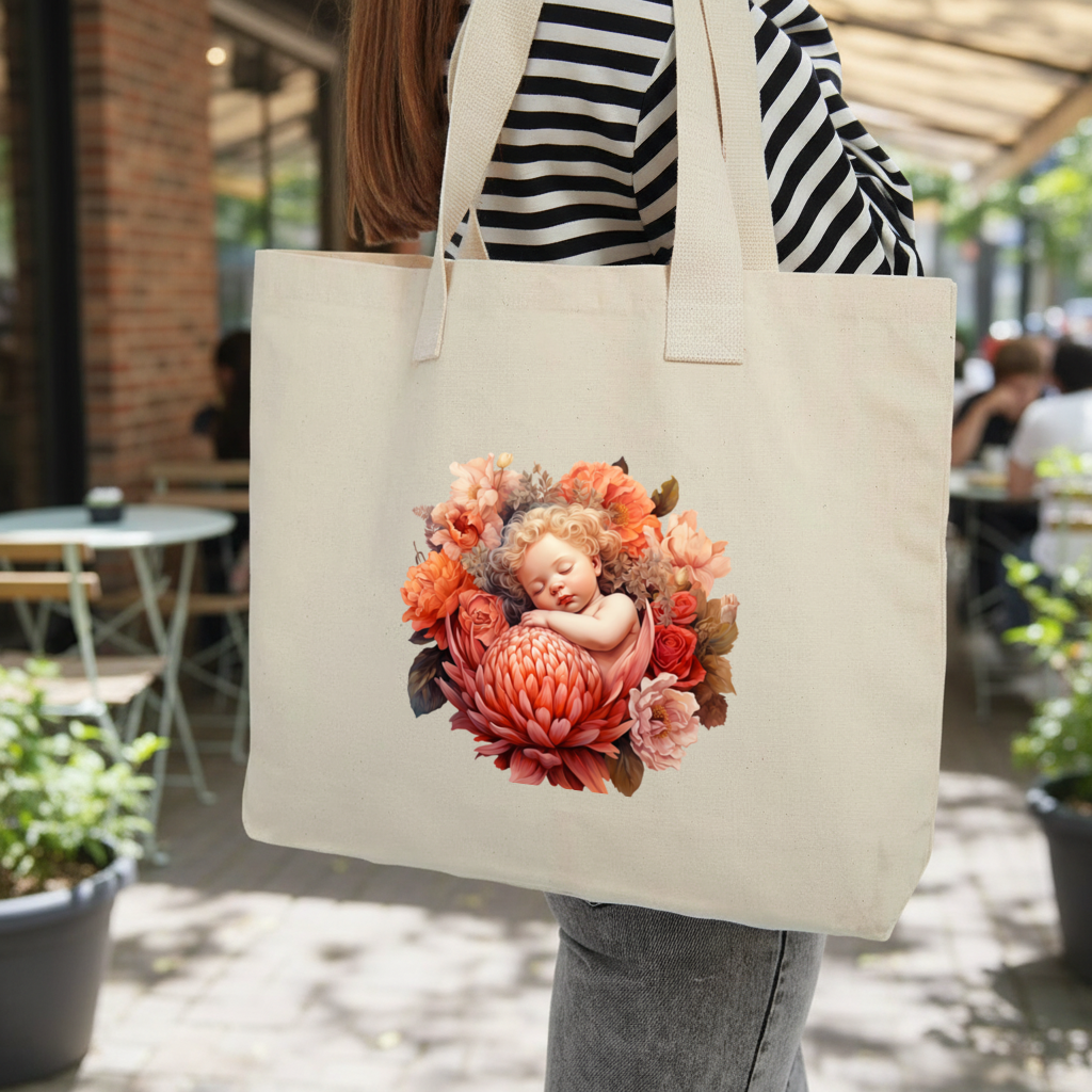 Ethereal Cottagecore Sleeping Baby Inner Pocket Tote with Webbing Handle
