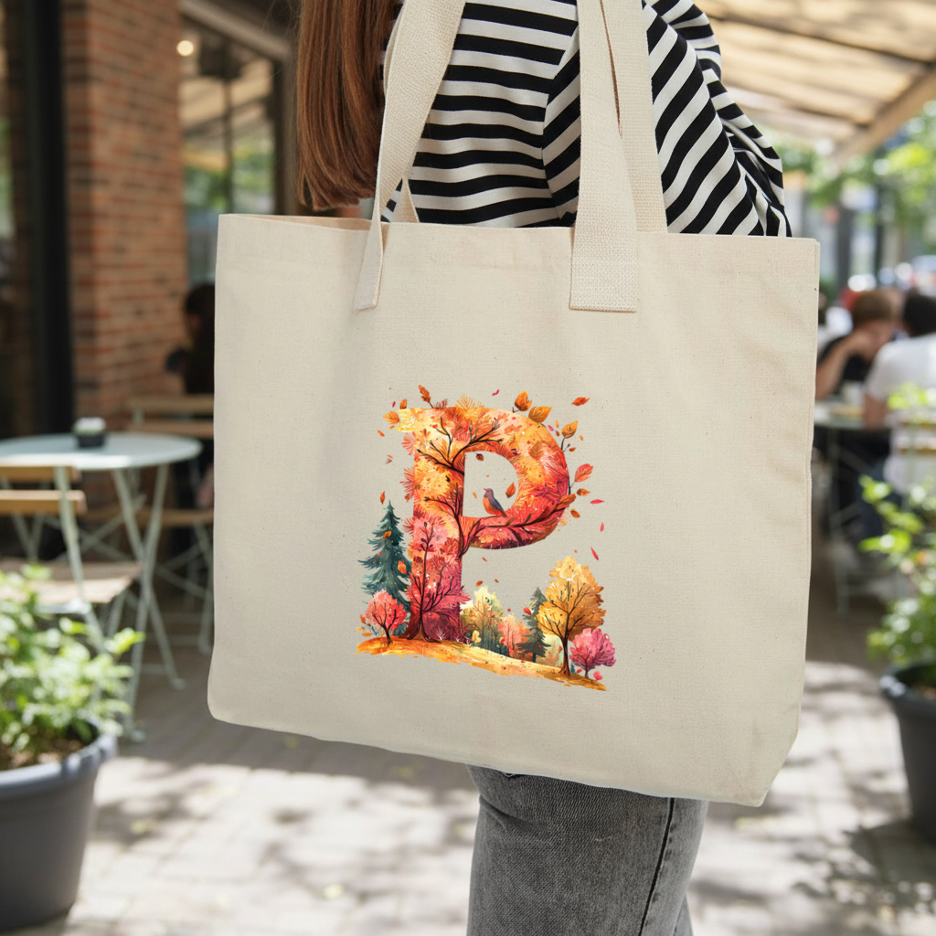 Autumn Forest Letter P with Bird Inner Pocket Tote with Webbing Handle
