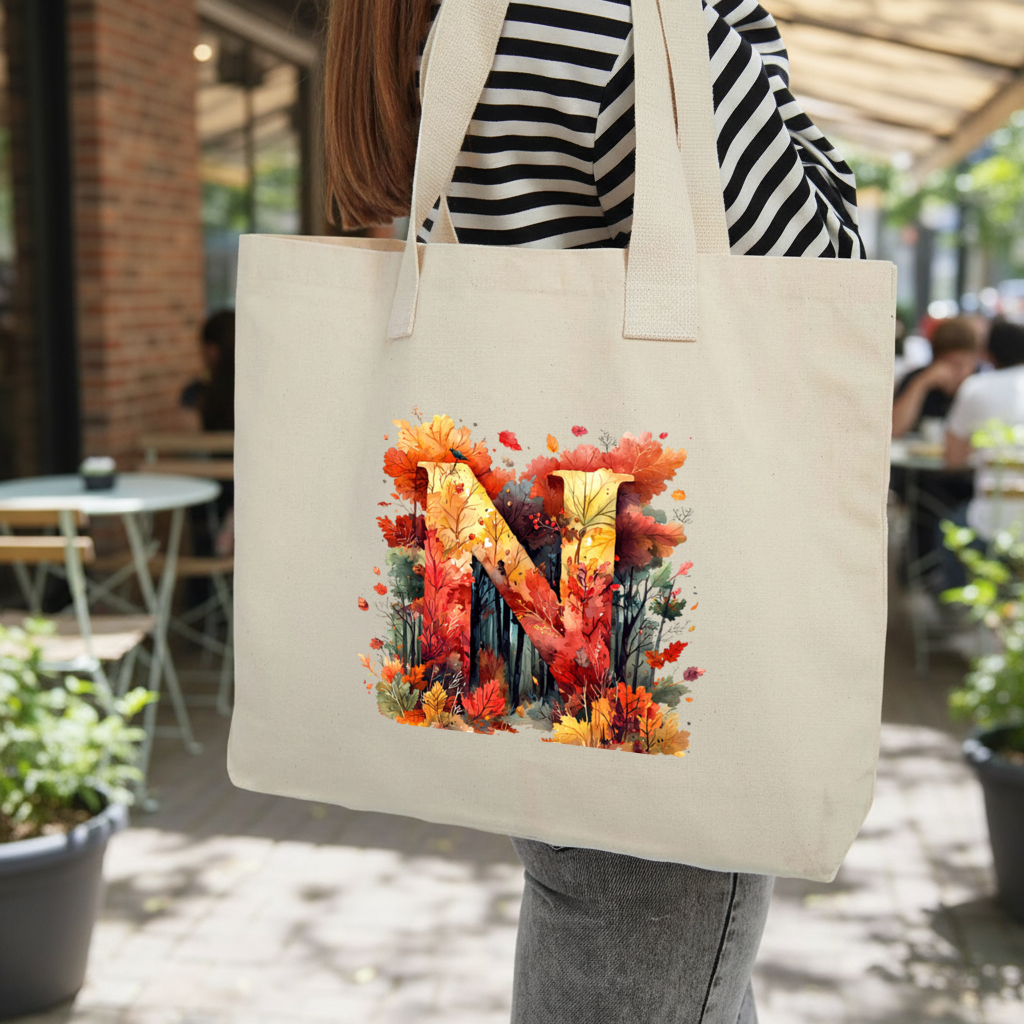 Autumn Leaf Monogram N Inner Pocket Tote with Webbing Handle