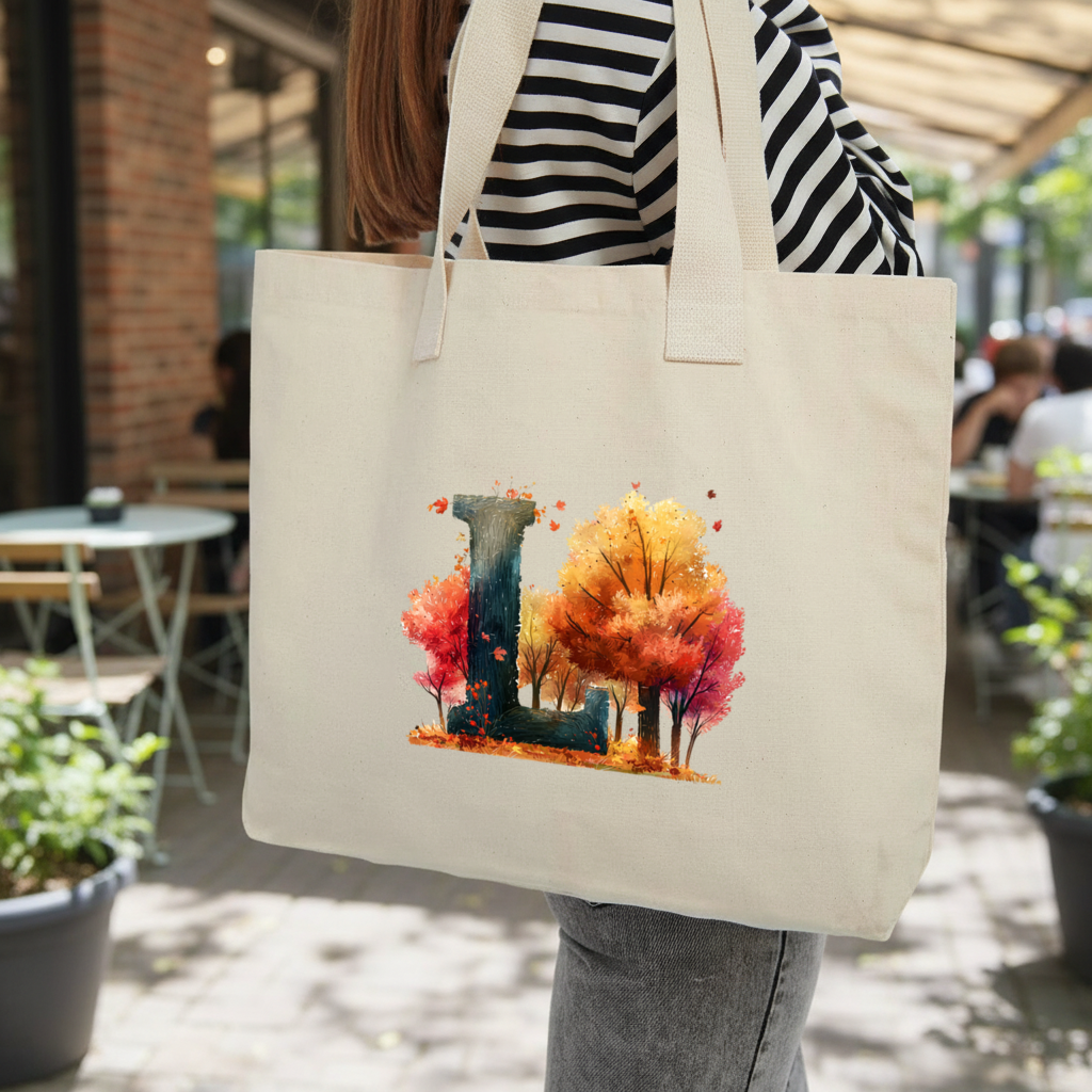Autumn Forest Letter L Inner Pocket Tote with Webbing Handle