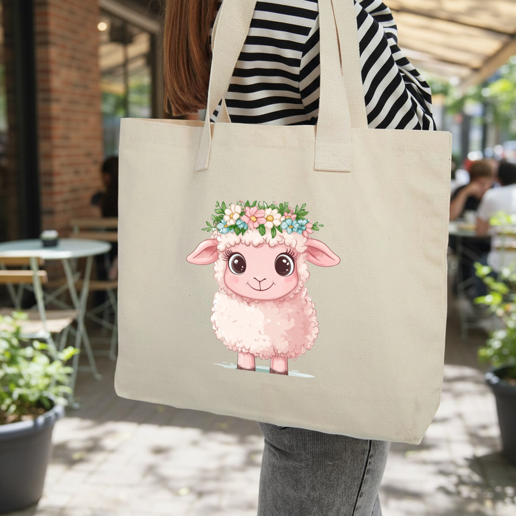Kawaii Flower Crown Pink Lamb Inner Pocket Tote with Webbing Handle