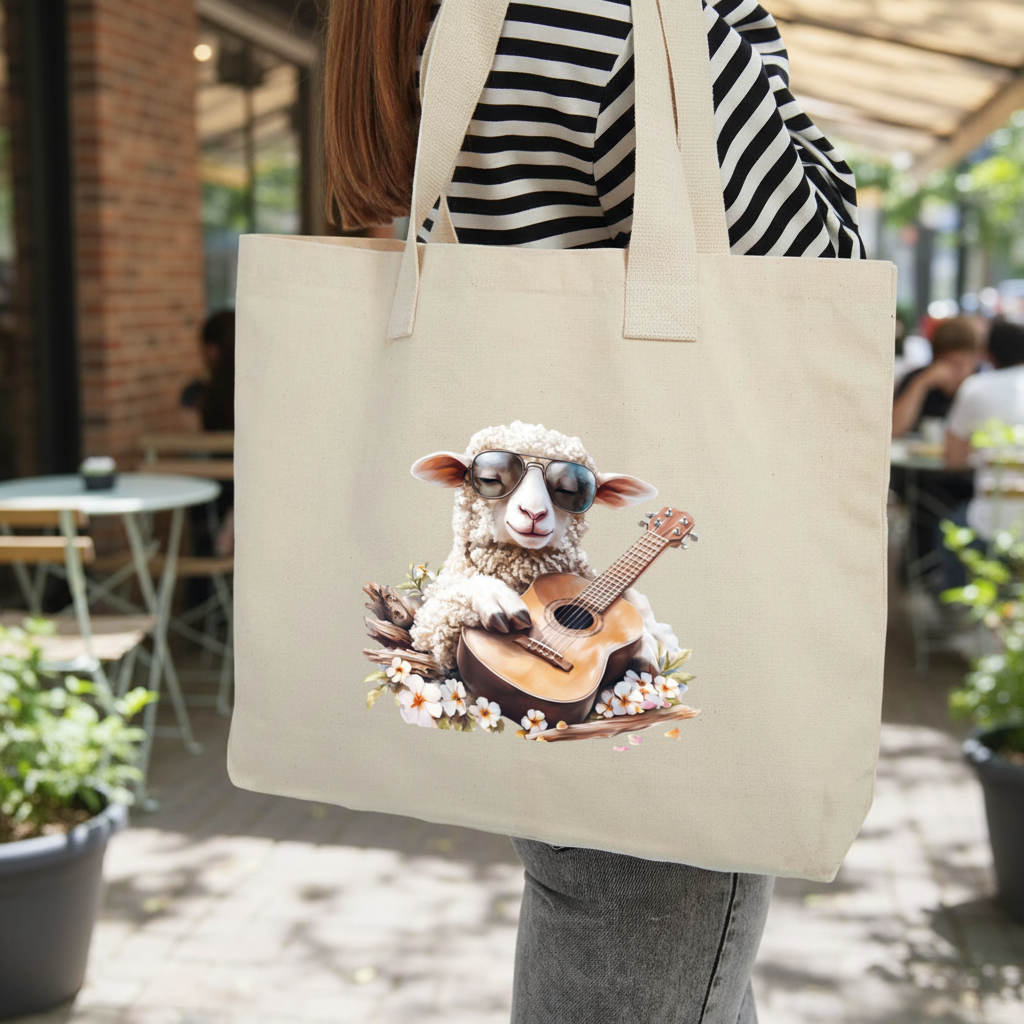 Cool Sheep Playing Ukulele with Flowers Inner Pocket Tote with Webbing Handle