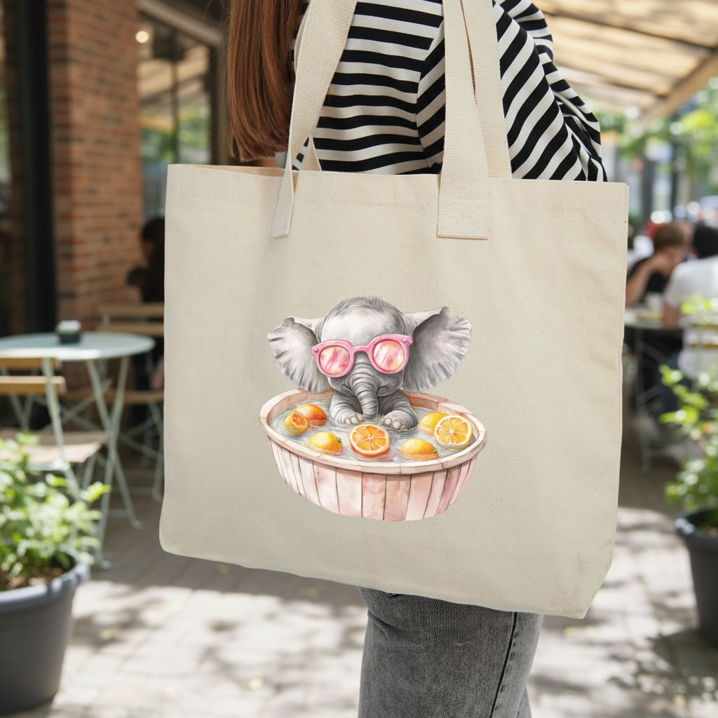 Baby Elephant in Pink Sunglasses Citrus Bath Inner Pocket Tote with Webbing Handle