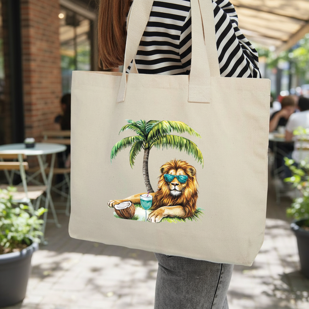 Summer Vibe Lion Under Palm Tree Inner Pocket Tote with Webbing Handle
