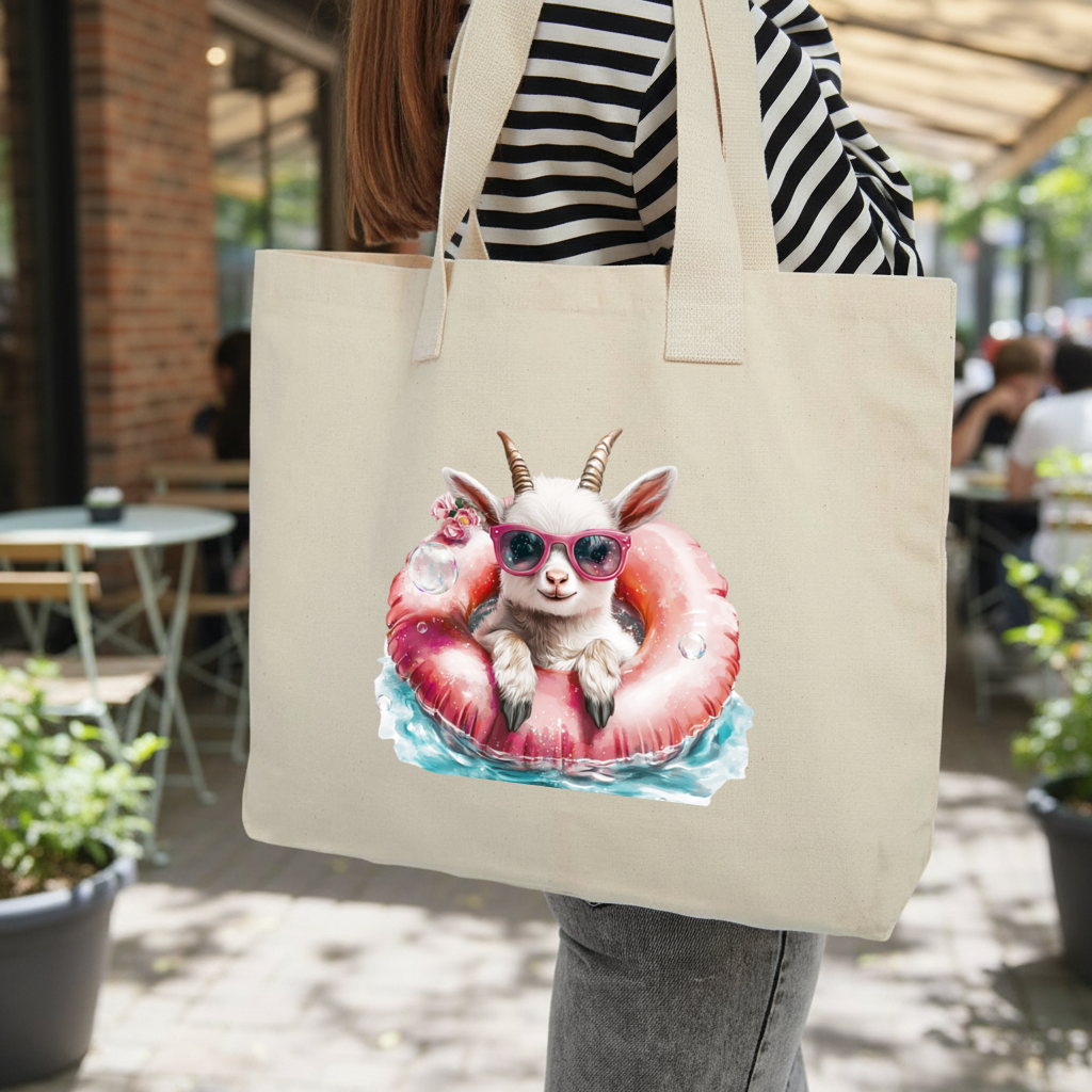 Baby Goat in Pink Pool Ring Inner Pocket Tote with Webbing Handle