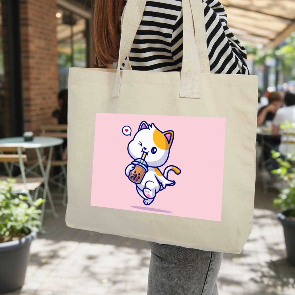 Kawaii Cat Drinking Boba Tea Inner Pocket Tote with Webbing Handle