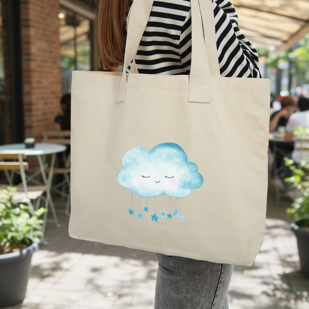 Watercolor Sleepy Cloud and Blue Stars Inner Pocket Tote with Webbing Handle