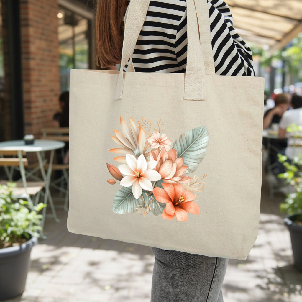 Soft Peach Tropical Floral Bouquet Inner Pocket Tote with Webbing Handle