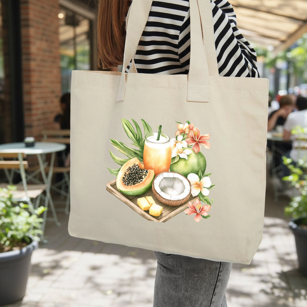 Tropical Papaya and Coconut Juice Inner Pocket Tote with Webbing Handle