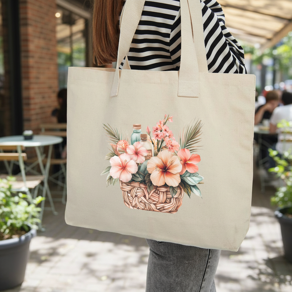 Tropical Hibiscus Flower Woven Basket Inner Pocket Tote with Webbing Handle