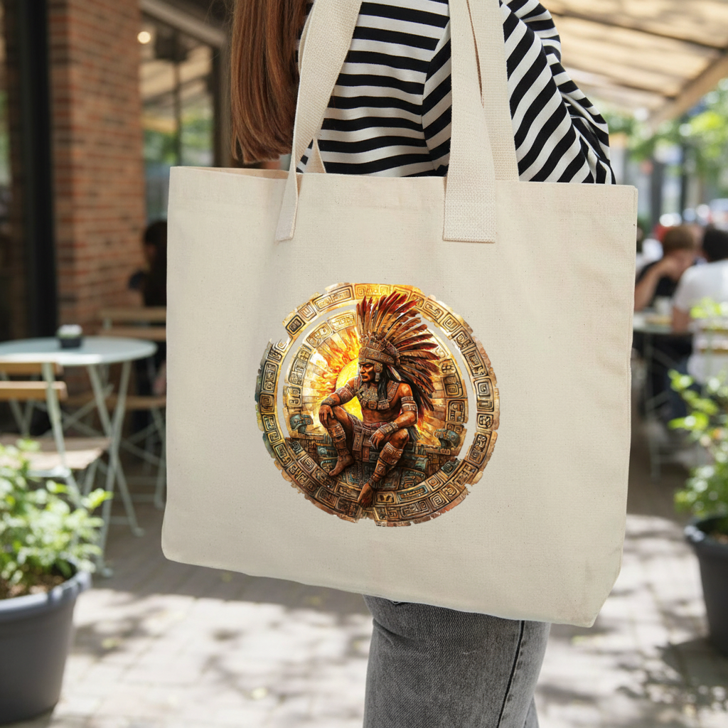 Ancient Aztec Sun Warrior Inner Pocket Tote with Webbing Handle