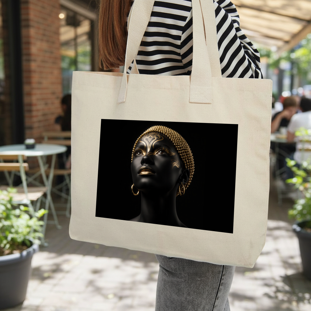 Gold Afrofuturistic Black Woman Inner Pocket Tote with Webbing Handle