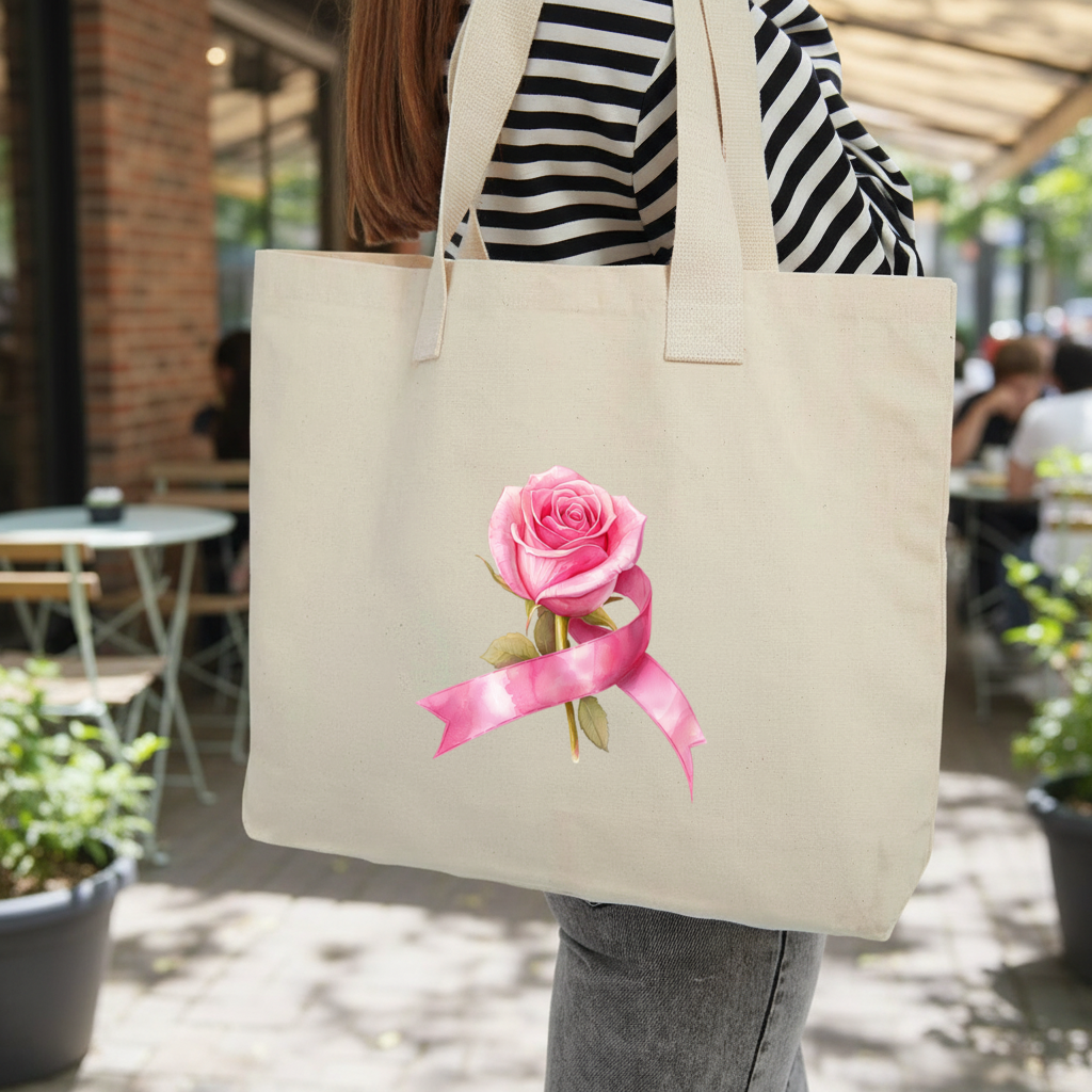 Breast Cancer Awareness Pink Rose Inner Pocket Tote with Webbing Handle